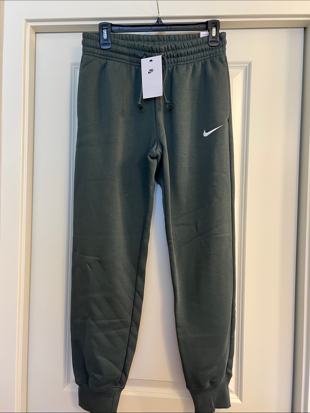 Nike Women's Olive Green Fleece Joggers with White Swoosh